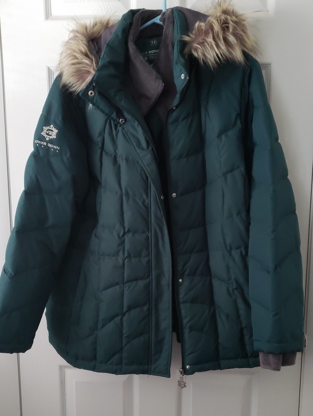 Free Country Dark Green Quilted Puffer Jacket with Faux Fur Trim